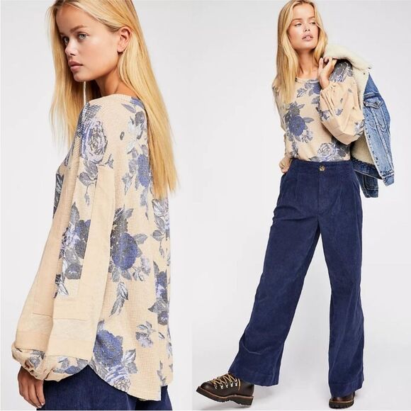 Free People Flower Patch Thermal Top Blue Roses Cream Floral Sweater Blouse - Picture 8 of 8